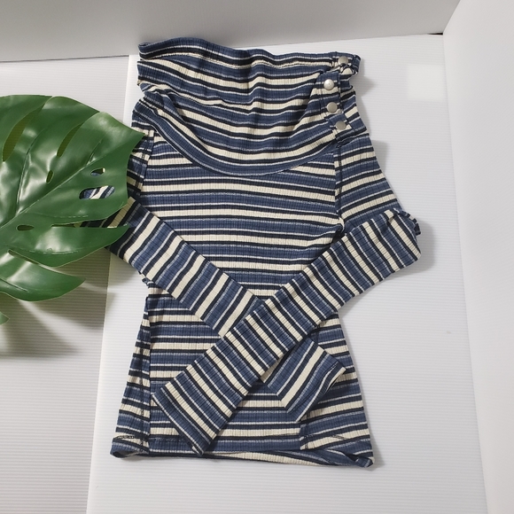 #40 Free People Cape Cold  Stripe Button Turtleneck - Picture 2 of 11